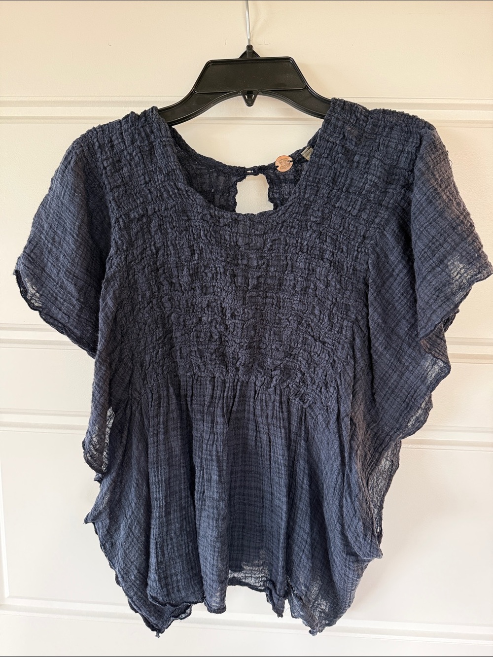 Free People Navy Smocked Gauze Peasant Blouse